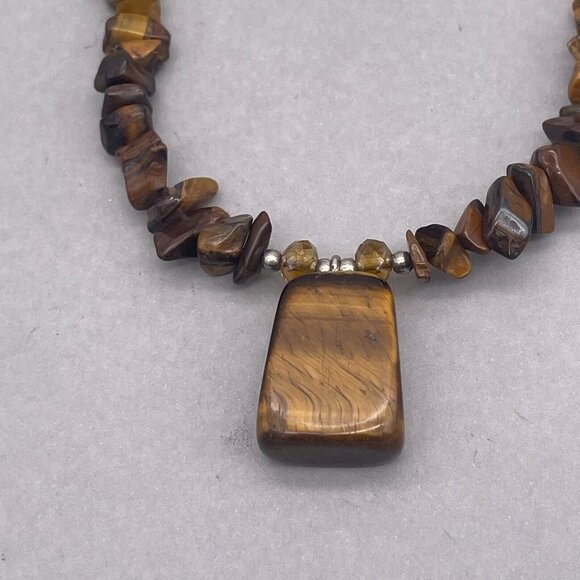 Tiger Eye Gemstone Chip Necklace Silver Tone Beads 18in - Picture 4 of 5